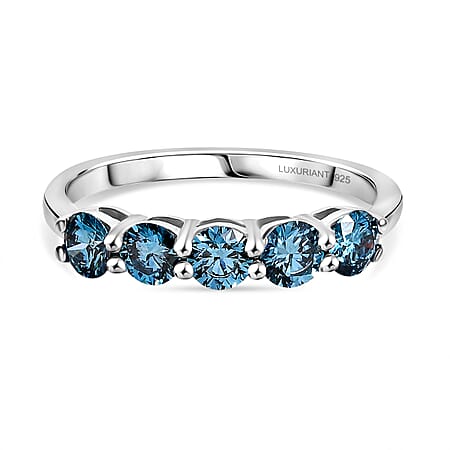 LUXURIANT 1 Ct. Lab Grown Blue Diamond 5-Stone Ring in Rhodium Overlay Sterling Silver (VS-EF)