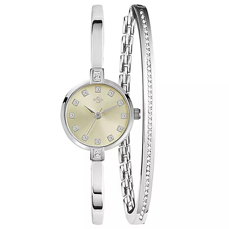 Designer Inspired Spirit Quartz Movt. Silver Dial Ladies Watch with Metal Strap - Watch - Bangle Set