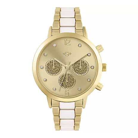 WATCH DEAL OF YEAR - Spirit Quartz Movt. Gold Dial Ladies Multi-Dial Watch with Gold - White Metal Bracelet Strap