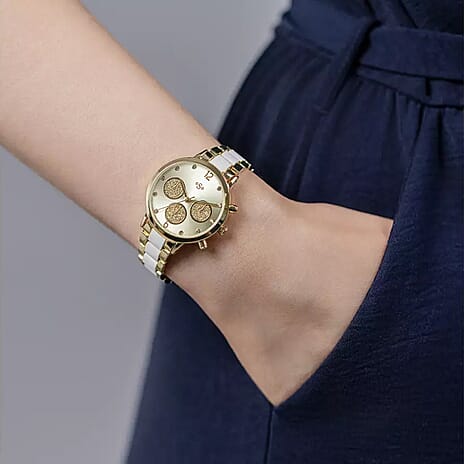WATCH DEAL OF YEAR - Spirit Quartz Movt. Gold Dial Ladies Multi-Dial Watch with Gold - White Metal Bracelet Strap