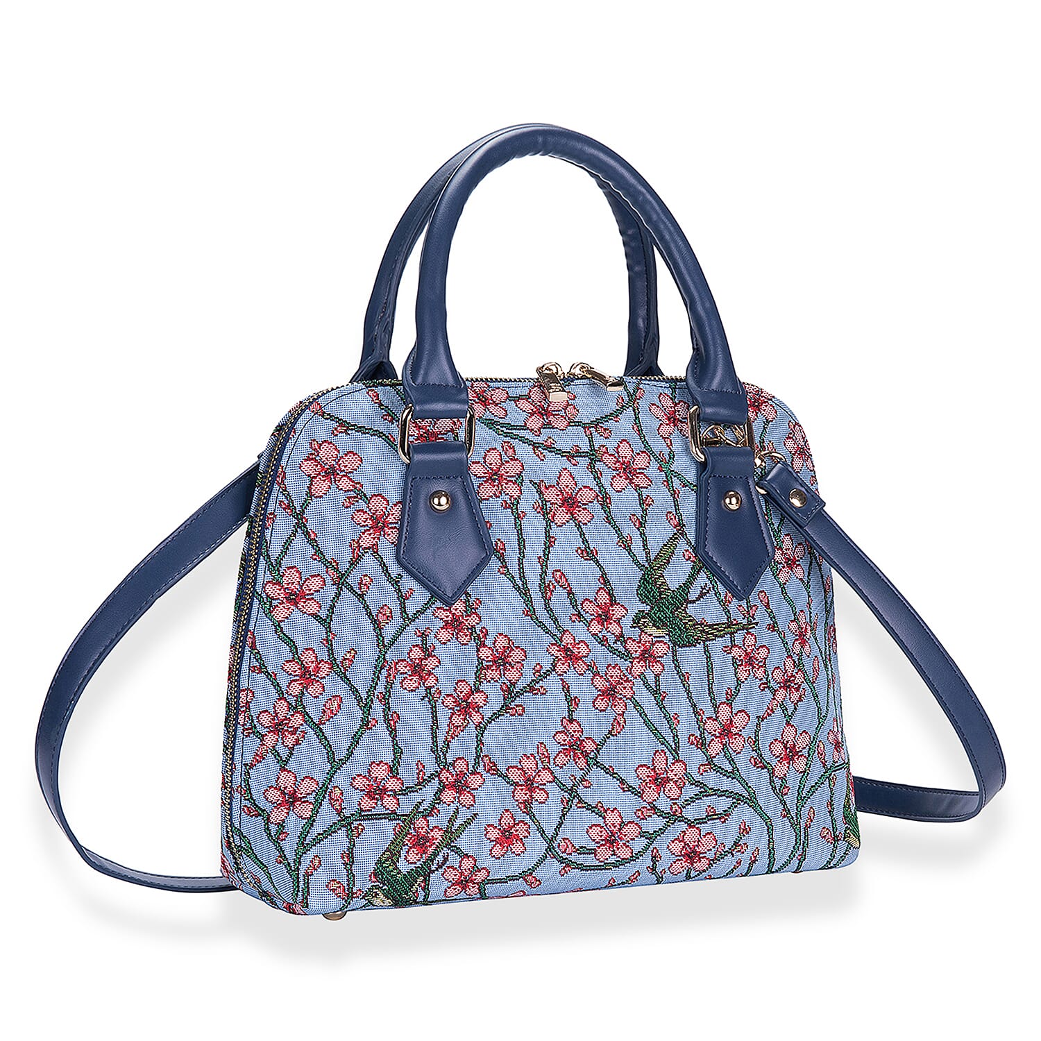 Signare Blossom & Swallow Print Convertible Handbag - Light Blue