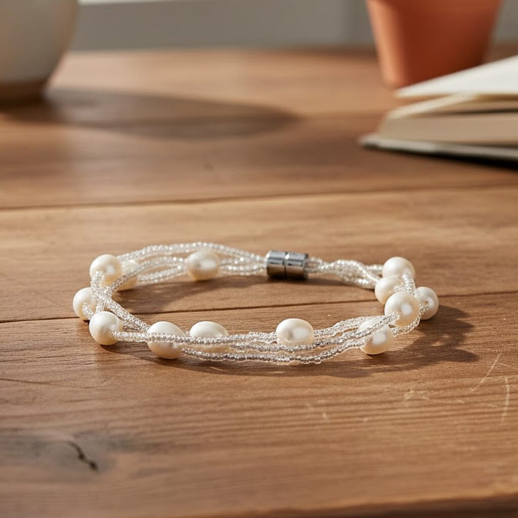 White Fresh Water Pearl & Austrian White Crystal Bracelet (Size - 7.5)  with Magnet Clasp in Silver Tone