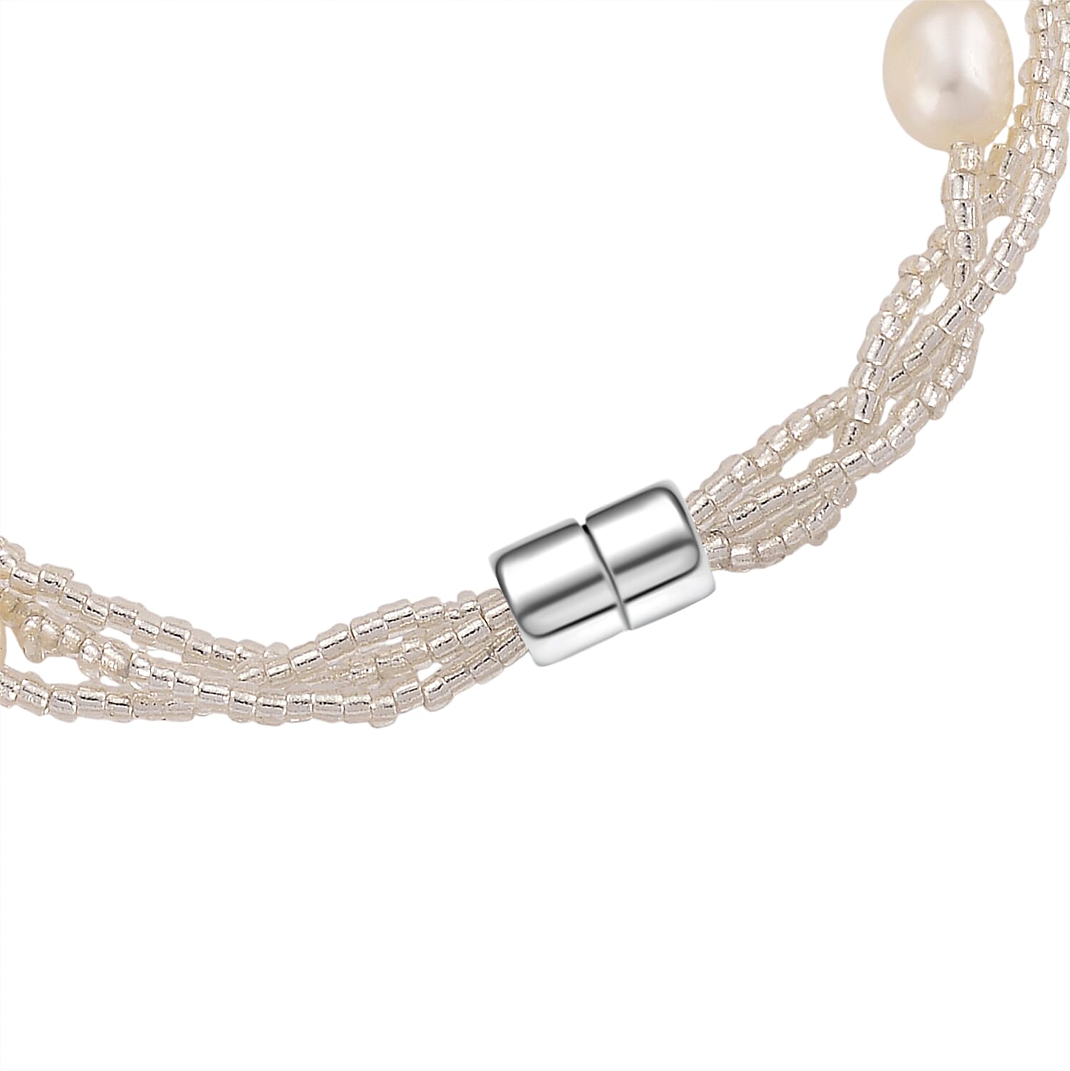 White Fresh Water Pearl & Austrian White Crystal Bracelet (Size - 7.5)  with Magnet Clasp in Silver Tone