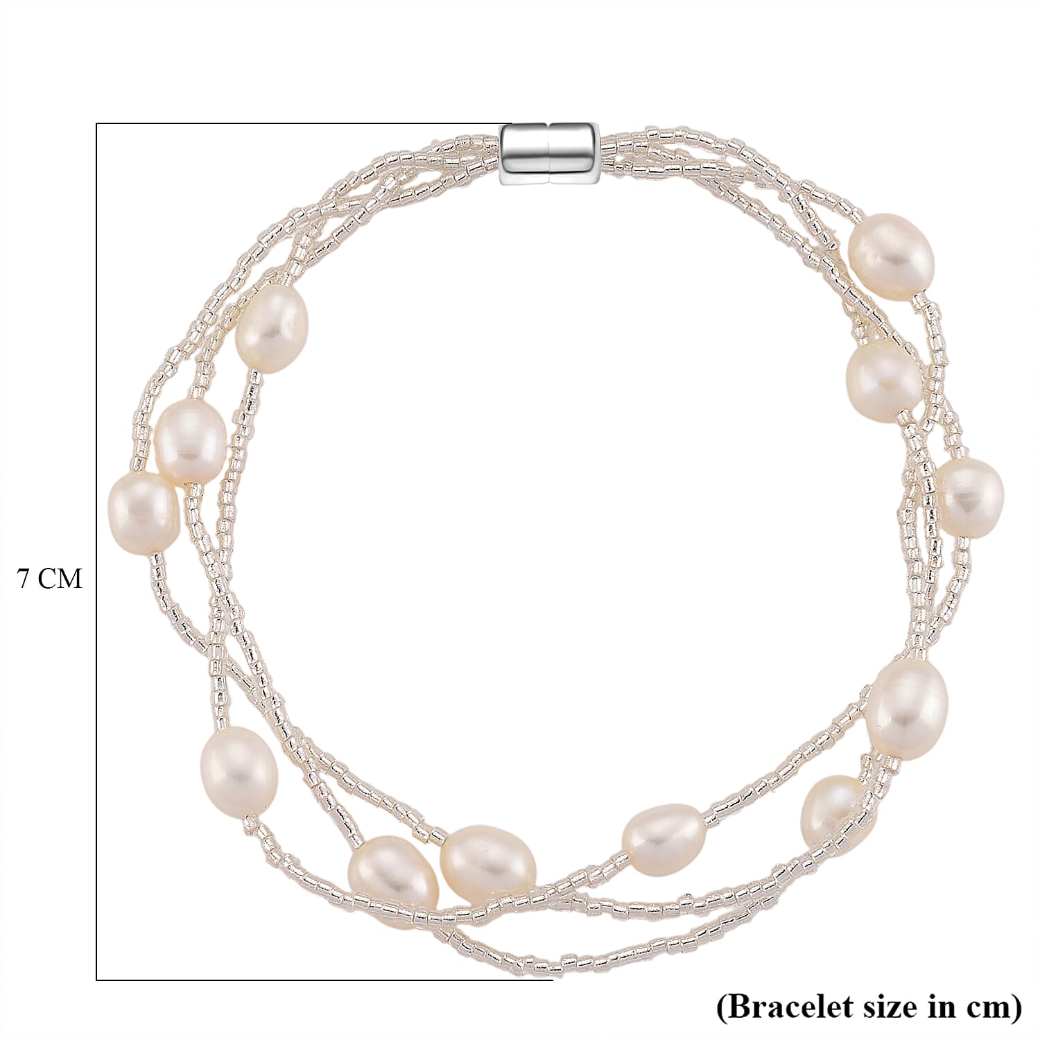 White Fresh Water Pearl & Austrian White Crystal Bracelet (Size - 7.5)  with Magnet Clasp in Silver Tone
