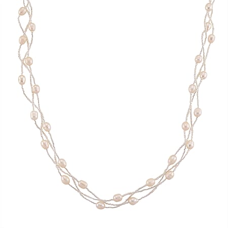 White Fresh Water Pearl & Austrian White Crystal Necklace (Size - 18) with Magnet Clasp