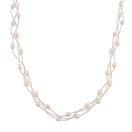 White Fresh Water Pearl & Austrian White Crystal Necklace (Size - 18) with Magnet Clasp in Silver Tone