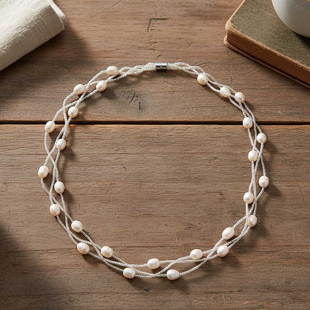 White Fresh Water Pearl & Austrian White Crystal Necklace (Size - 18) with Magnet Clasp in Silver Tone