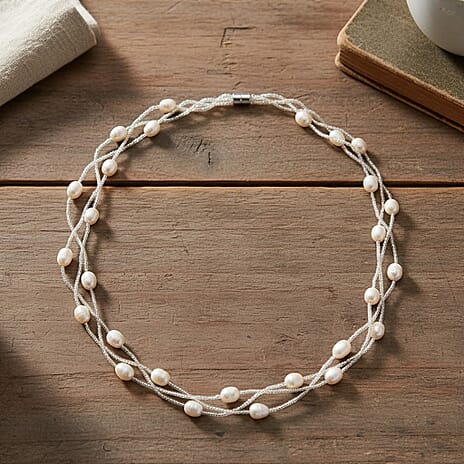 White Fresh Water Pearl & Austrian White Crystal Necklace (Size - 18) with Magnet Clasp