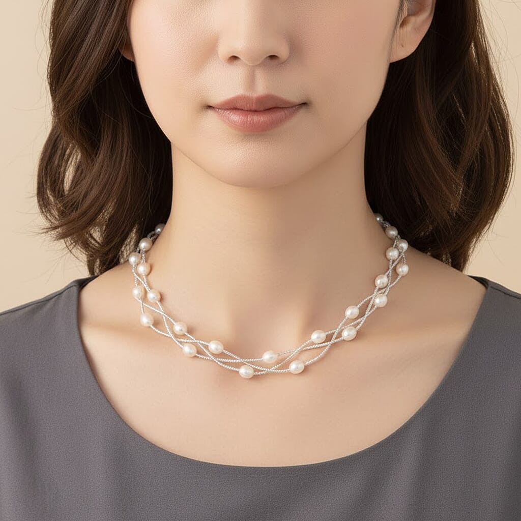White Fresh Water Pearl & Austrian White Crystal Necklace (Size - 18) with Magnet Clasp in Silver Tone