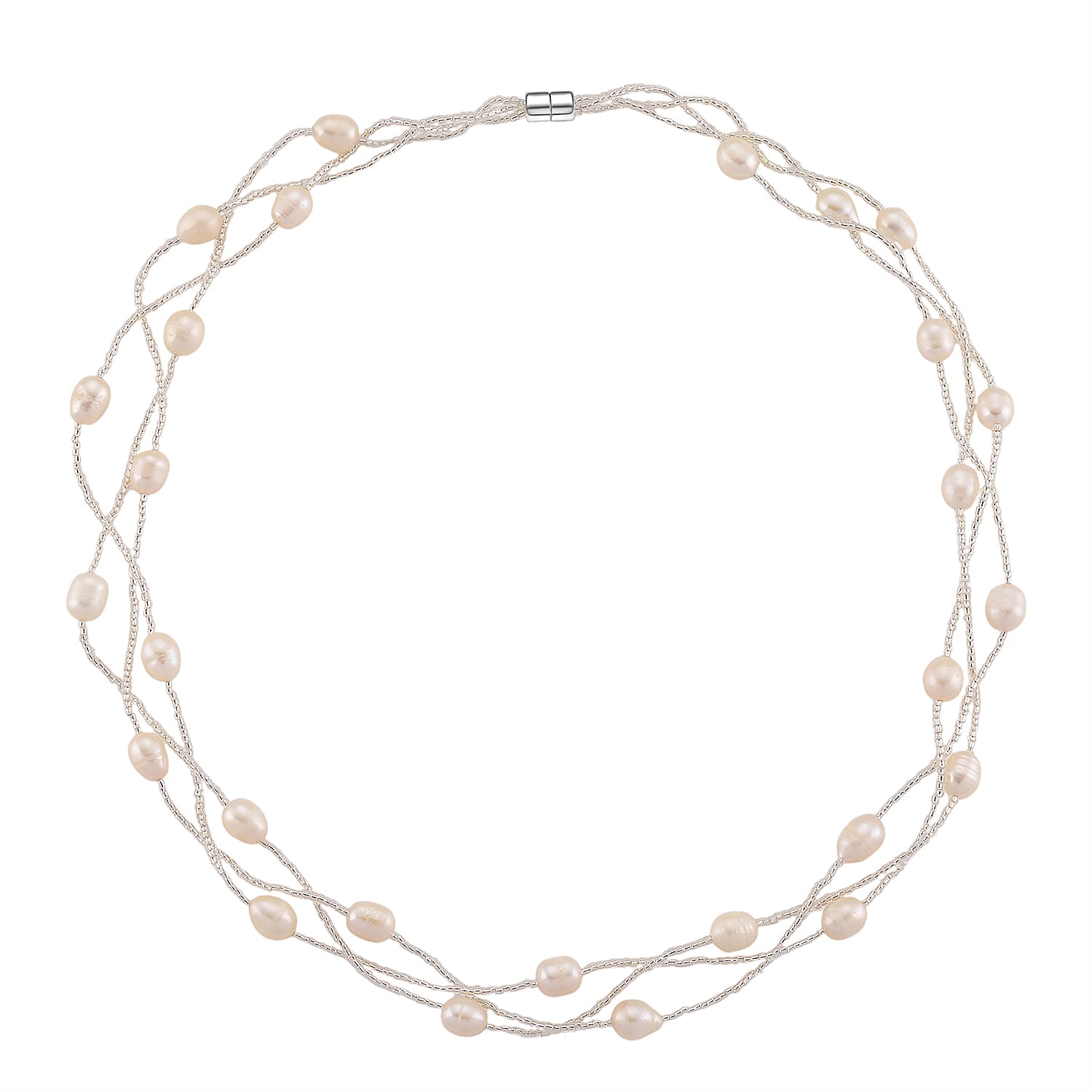 White Fresh Water Pearl & Austrian White Crystal Necklace (Size - 18) with Magnet Clasp in Silver Tone