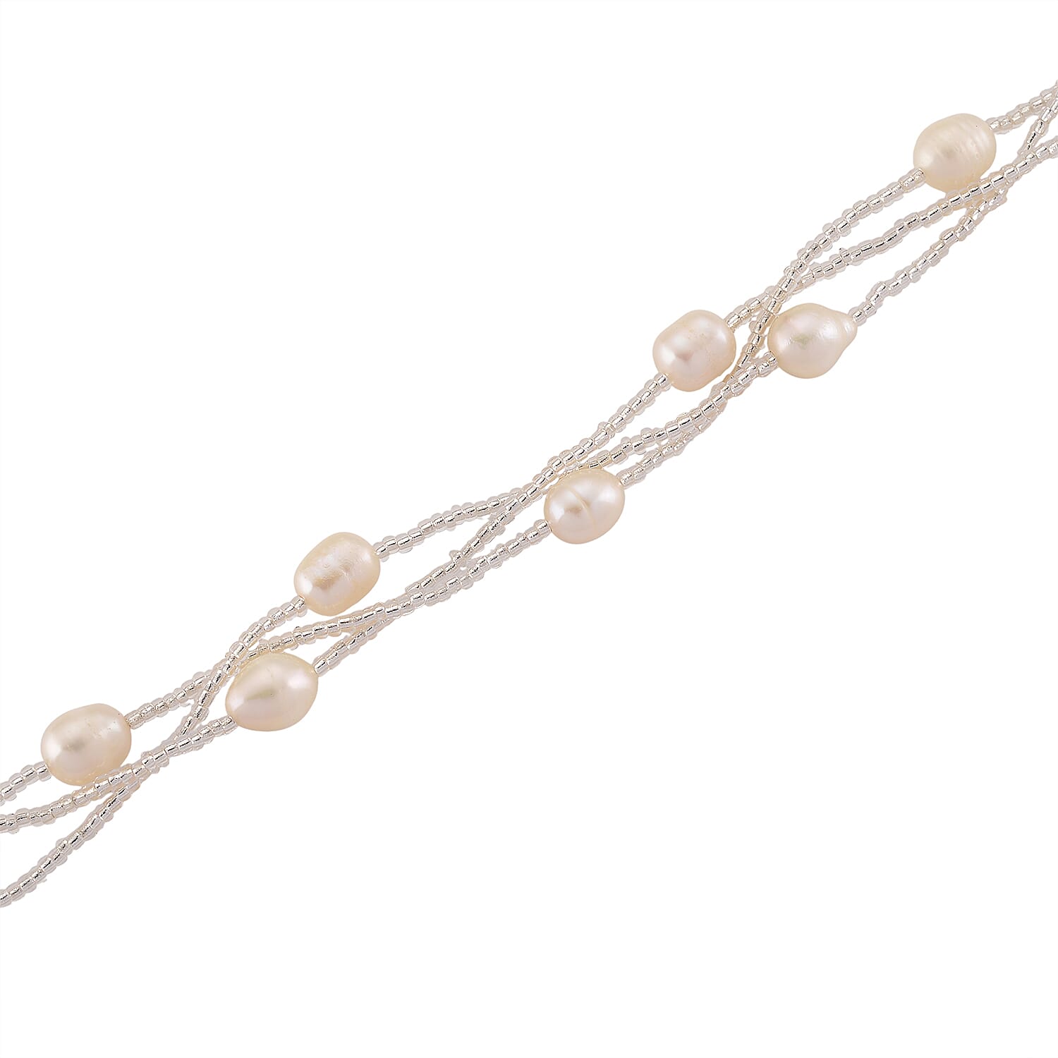 White Fresh Water Pearl & Austrian White Crystal Necklace (Size - 18) with Magnet Clasp in Silver Tone