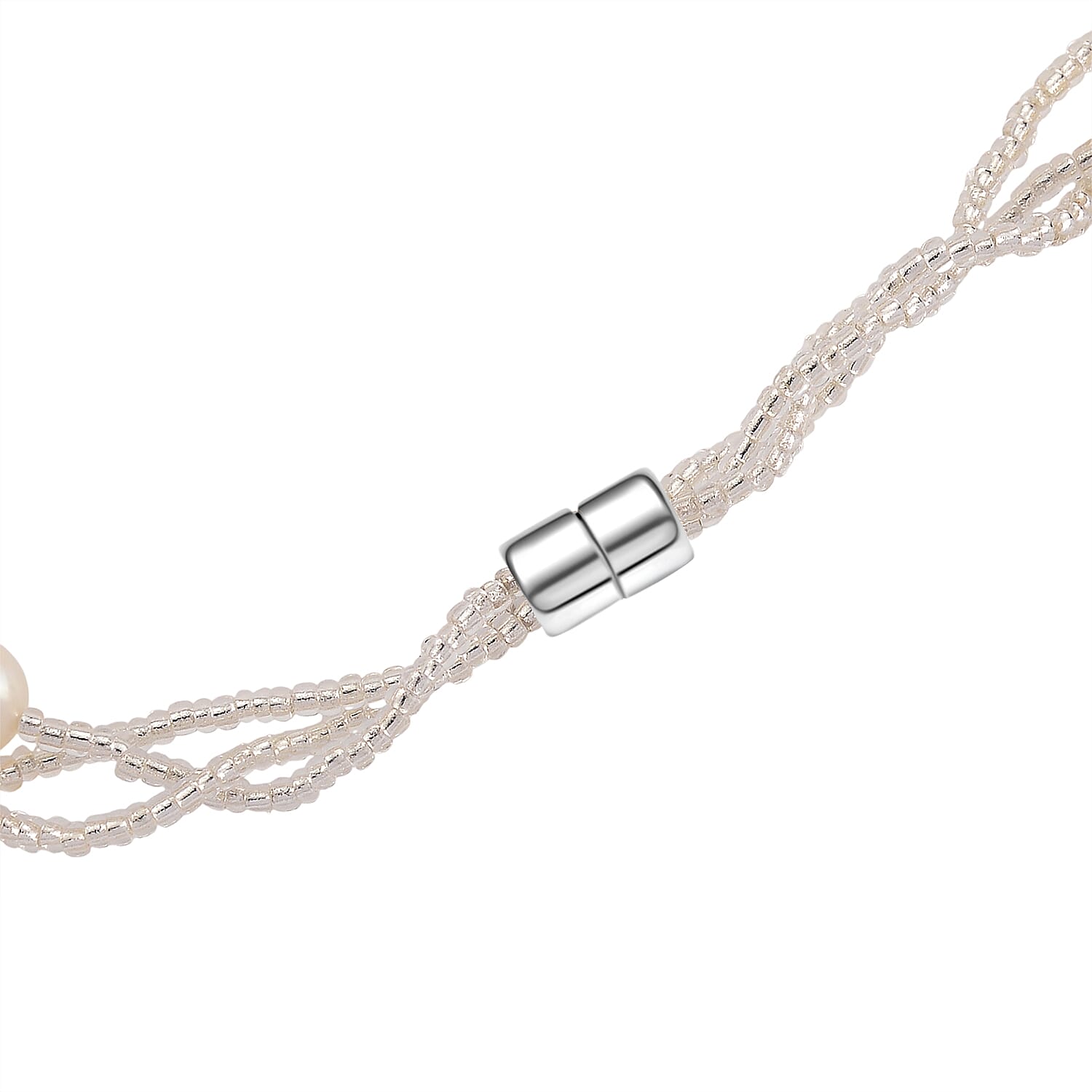 White Fresh Water Pearl & Austrian White Crystal Necklace (Size - 18) with Magnet Clasp in Silver Tone