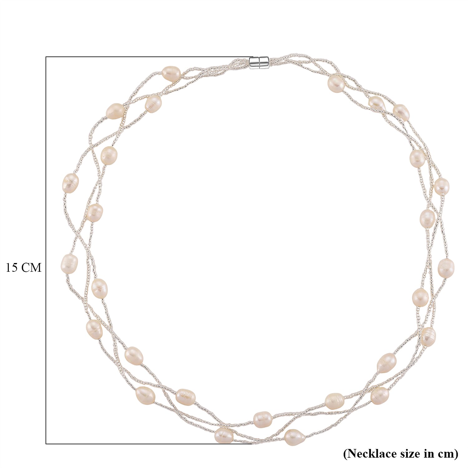 White Fresh Water Pearl & Austrian White Crystal Necklace (Size - 18) with Magnet Clasp in Silver Tone