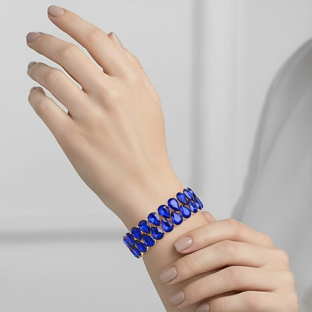 Blue Glass Pear Adjustable Bracelet in Yellow Gold Tone