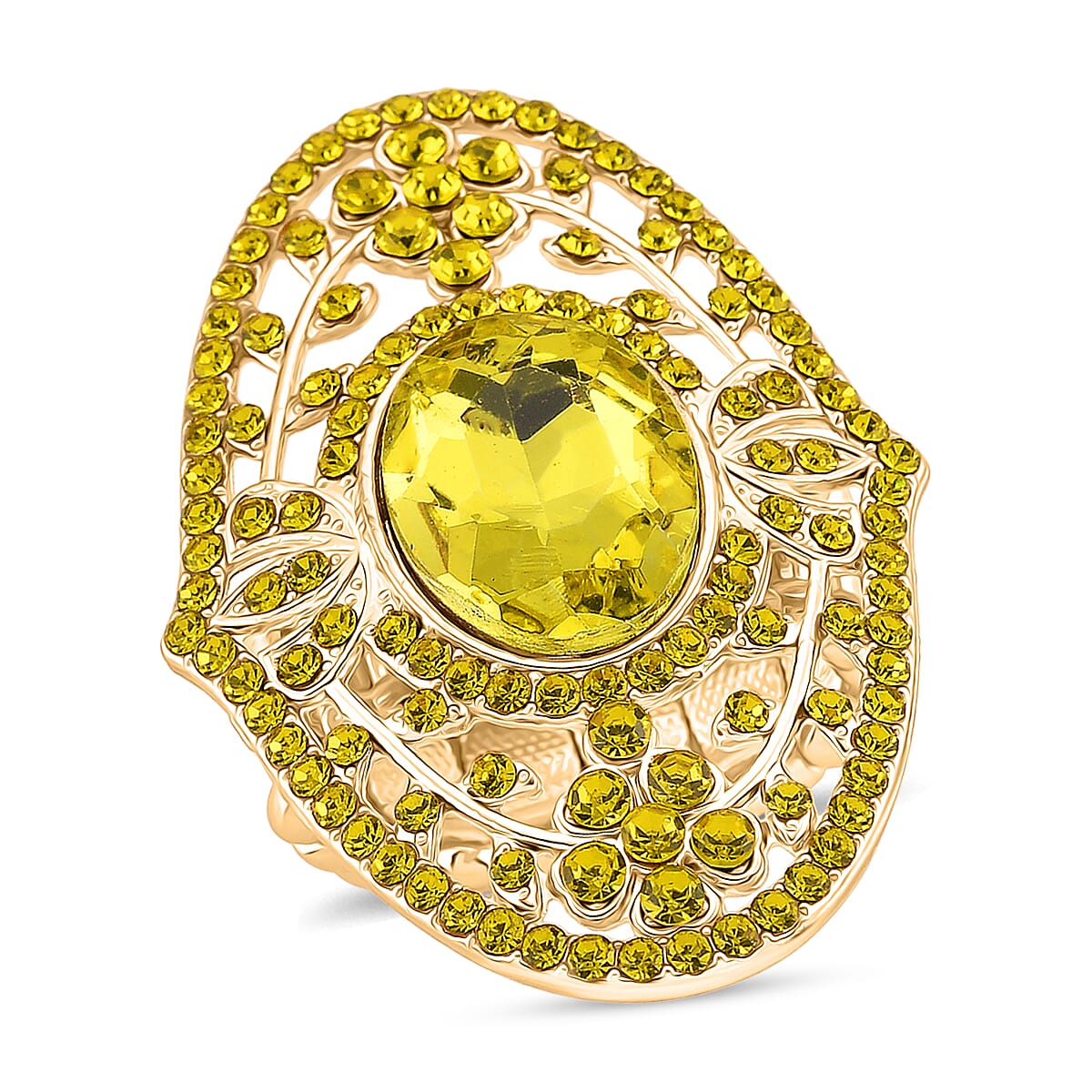 Yellow Glass & Austrian White Crystal Adjustable Ring in Yellow Gold Tone