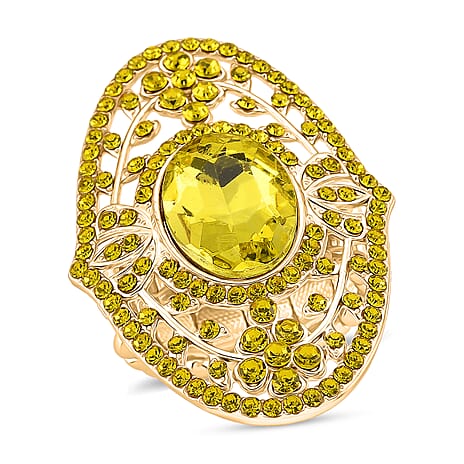 Yellow Glass & Austrian White Crystal Adjustable Ring in Yellow Gold Tone