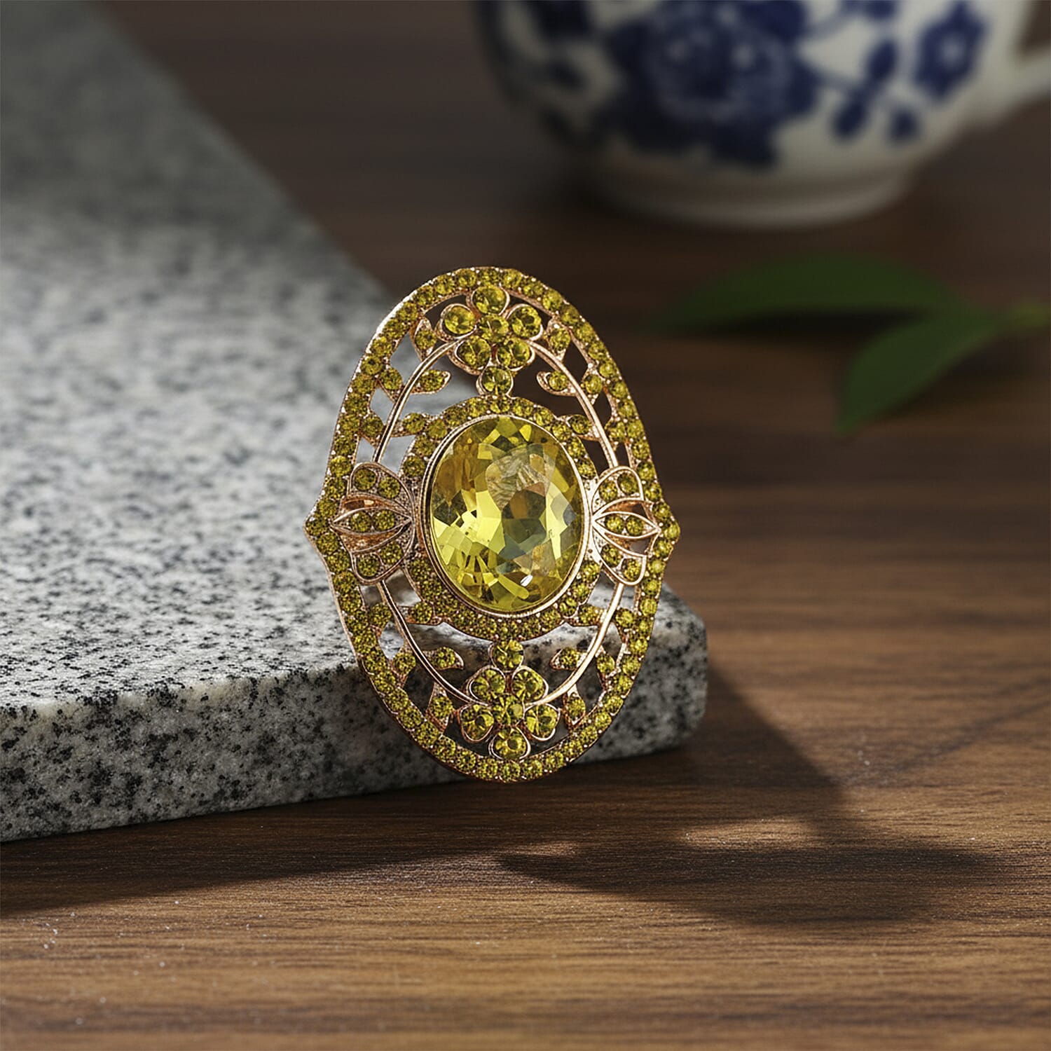 Yellow Glass & Austrian White Crystal Adjustable Ring in Yellow Gold Tone