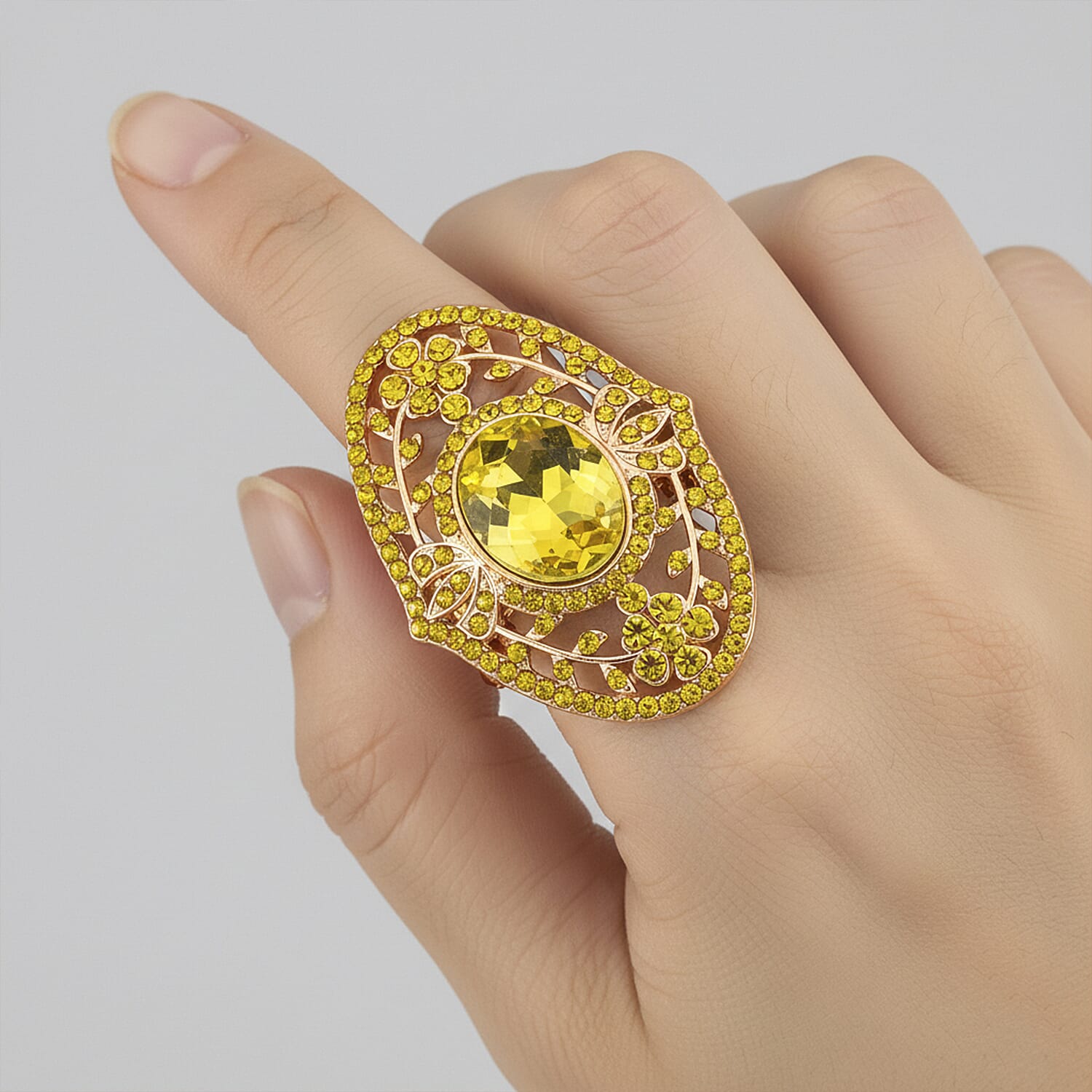 Yellow Glass & Austrian White Crystal Adjustable Ring in Yellow Gold Tone