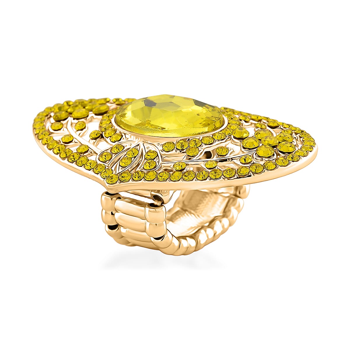 Yellow Glass & Austrian White Crystal Adjustable Ring in Yellow Gold Tone