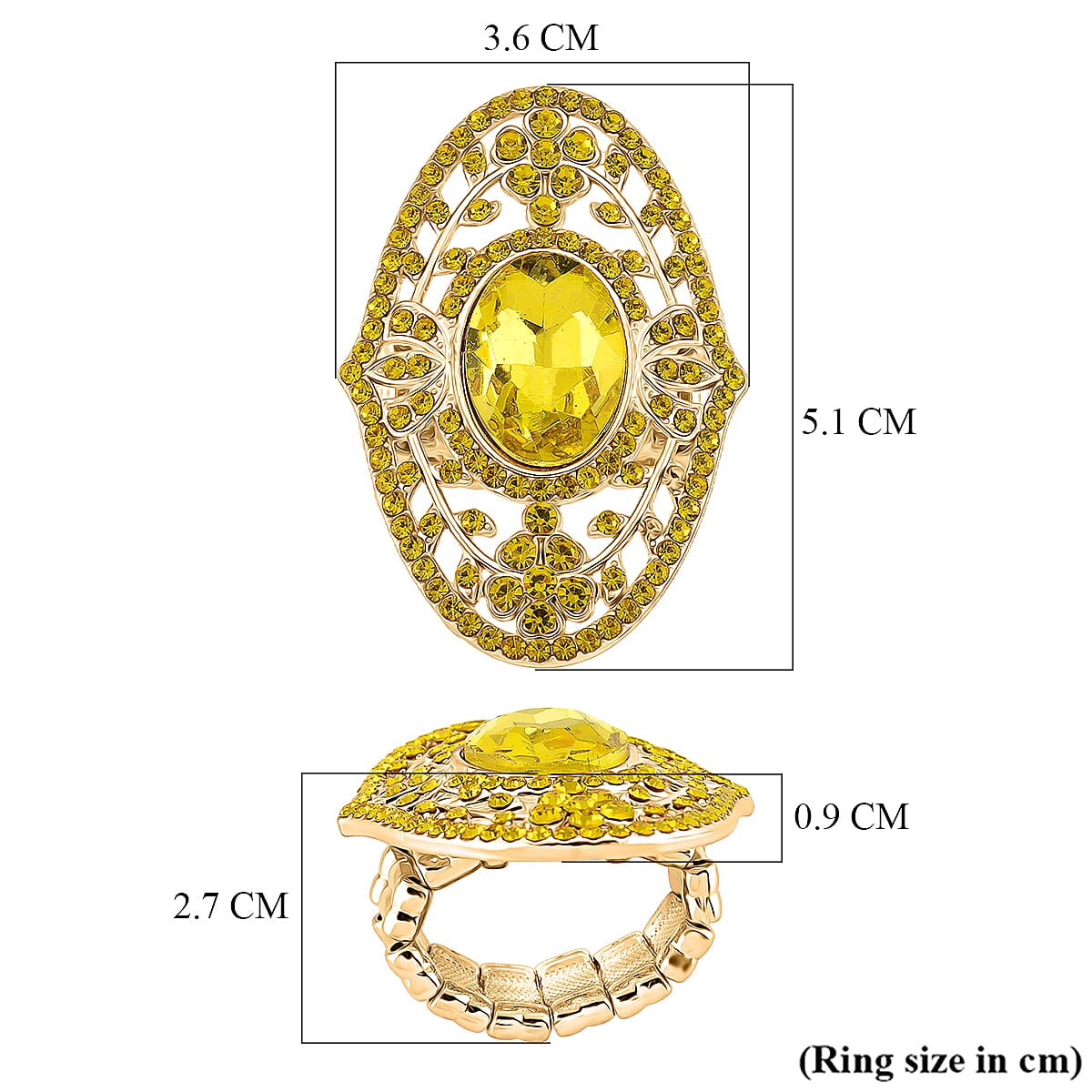 Yellow Glass & Austrian White Crystal Adjustable Ring in Yellow Gold Tone