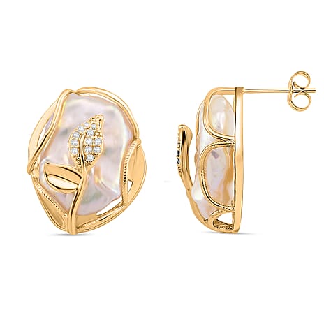 White Fresh Water Pearl & White Cubic Zirconia Earring with Push Back