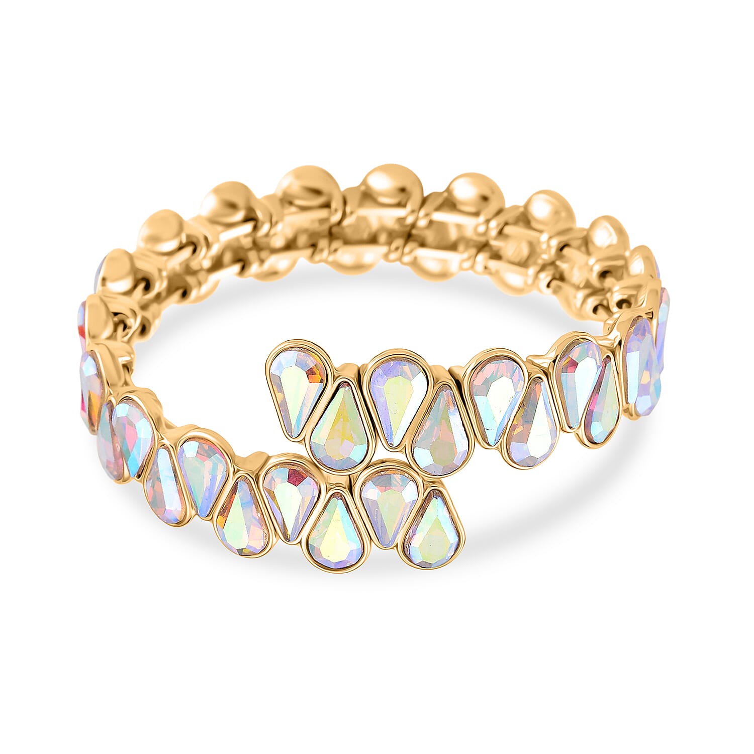 White Mystic Color Glass Pear Adjustable Bangle in Yellow Gold Tone