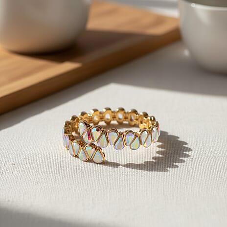 White Mystic Color Glass Pear Adjustable Bangle in Yellow Gold Tone