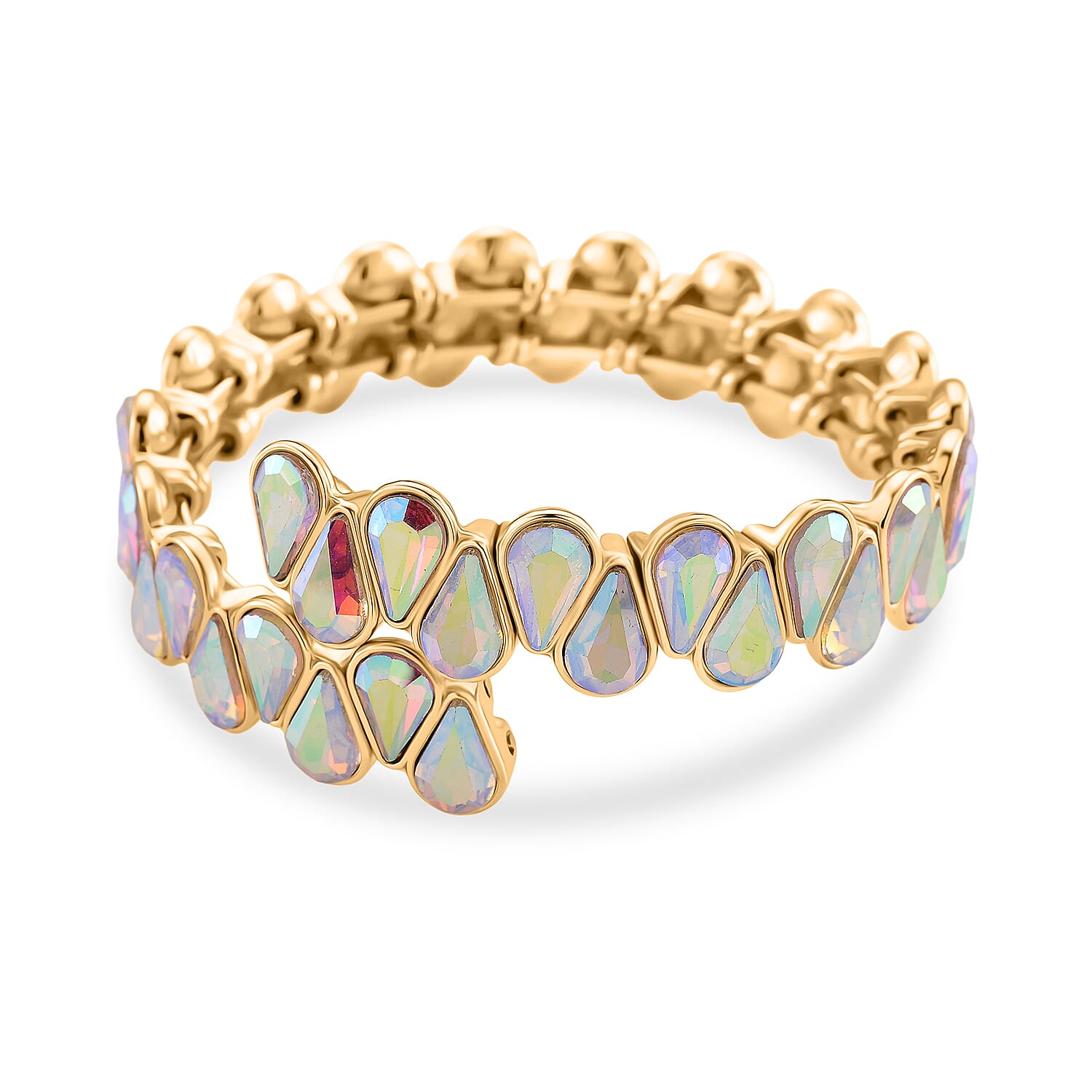 White Mystic Color Glass Pear Adjustable Bangle in Yellow Gold Tone