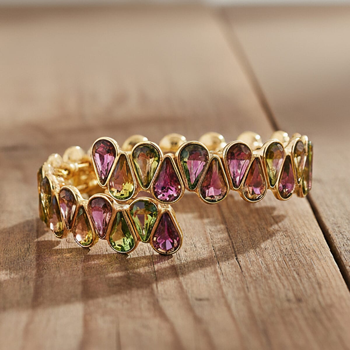 Red Magic Color Glass Pear Adjustable Bangle in Yellow Gold Tone