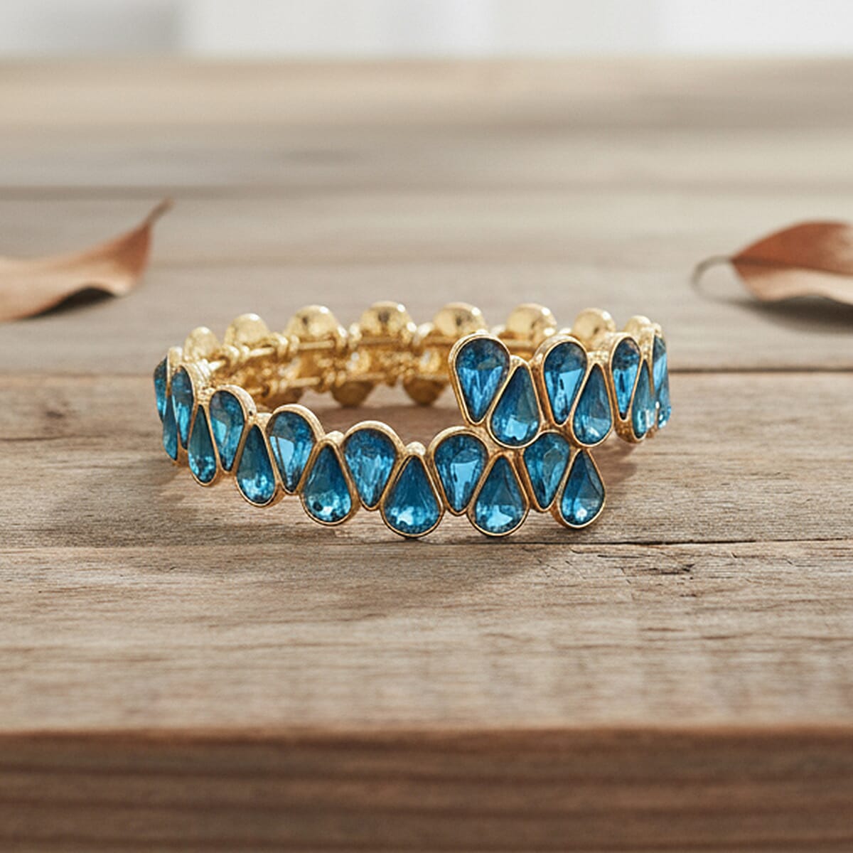 Sea Blue Glass Pear Adjustable Bangle in Yellow Gold Tone