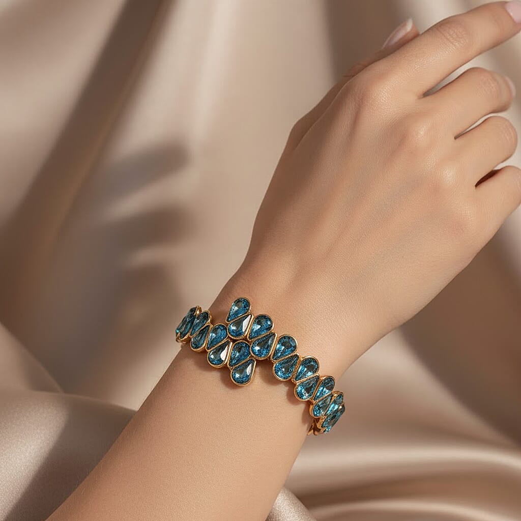 Sea Blue Glass Pear Adjustable Bangle in Yellow Gold Tone