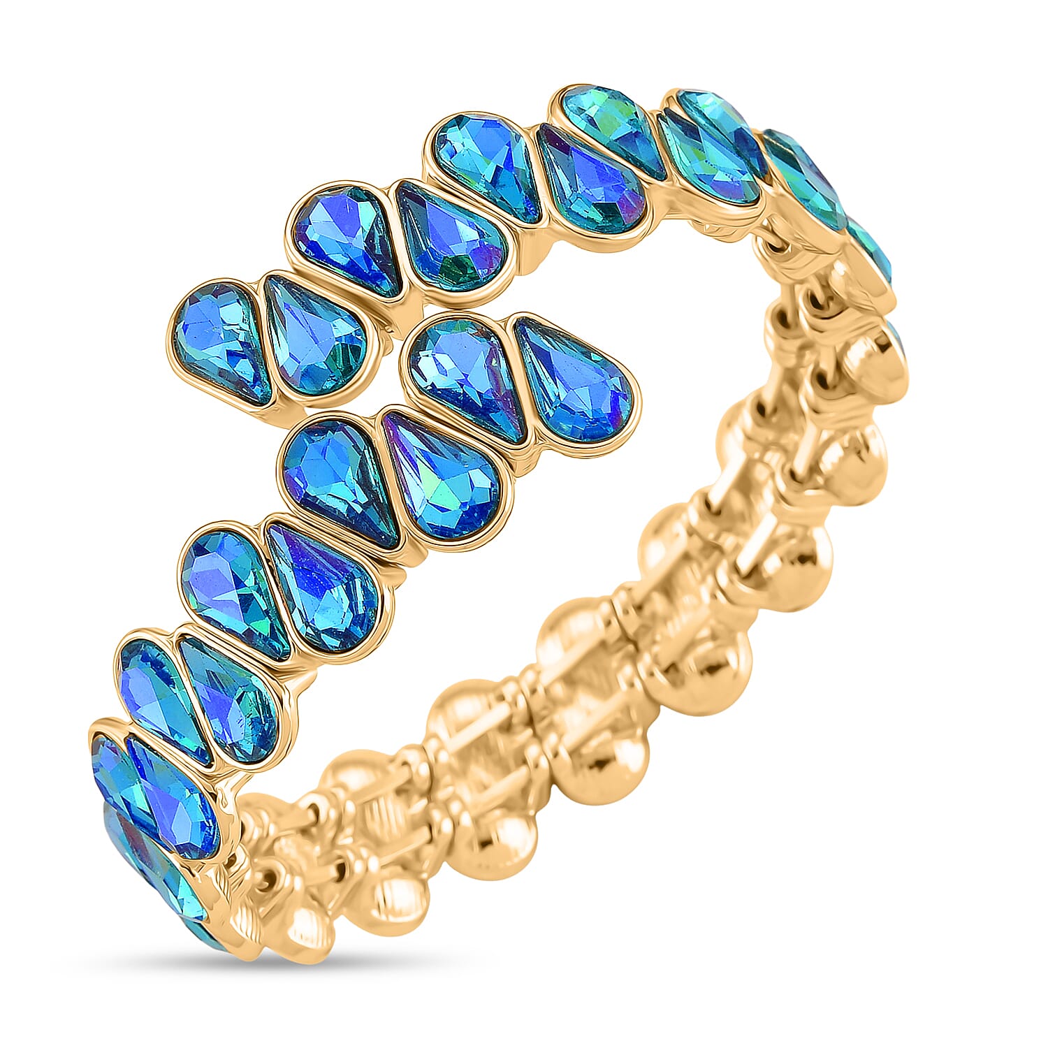 Sea Blue Glass Pear Adjustable Bangle in Yellow Gold Tone