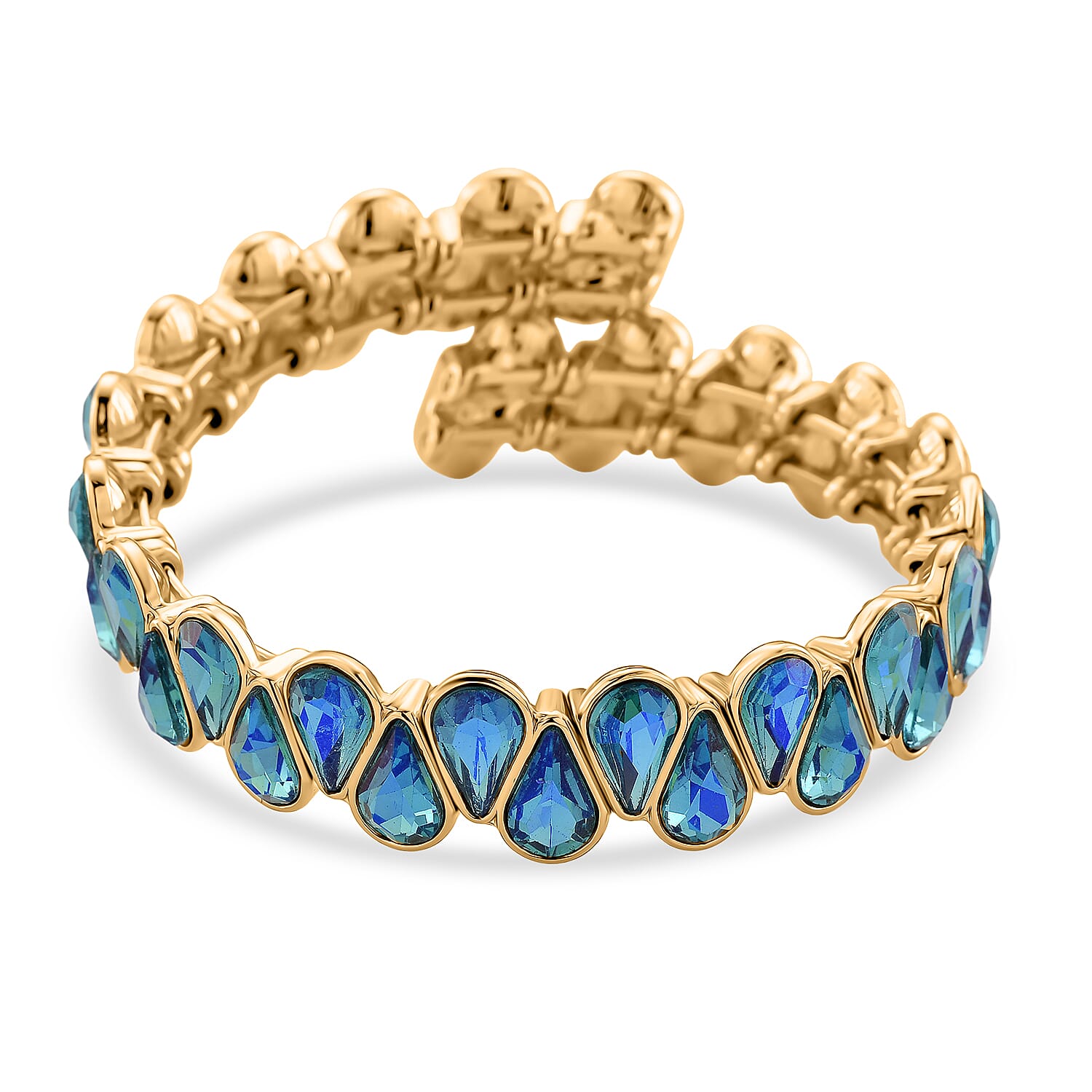 Sea Blue Glass Pear Adjustable Bangle in Yellow Gold Tone