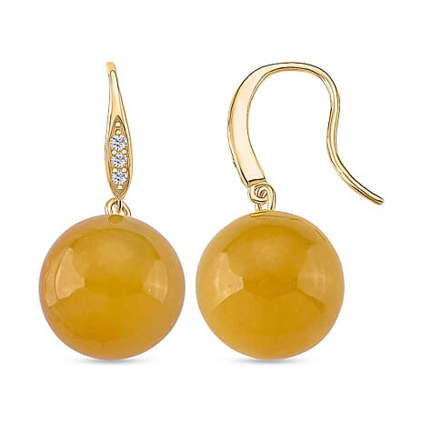 D'Joy Honey Jade & White Zircon Beads Earring with Hook in Yellow Gold Plated Sterling Silver 37.10 Ct.