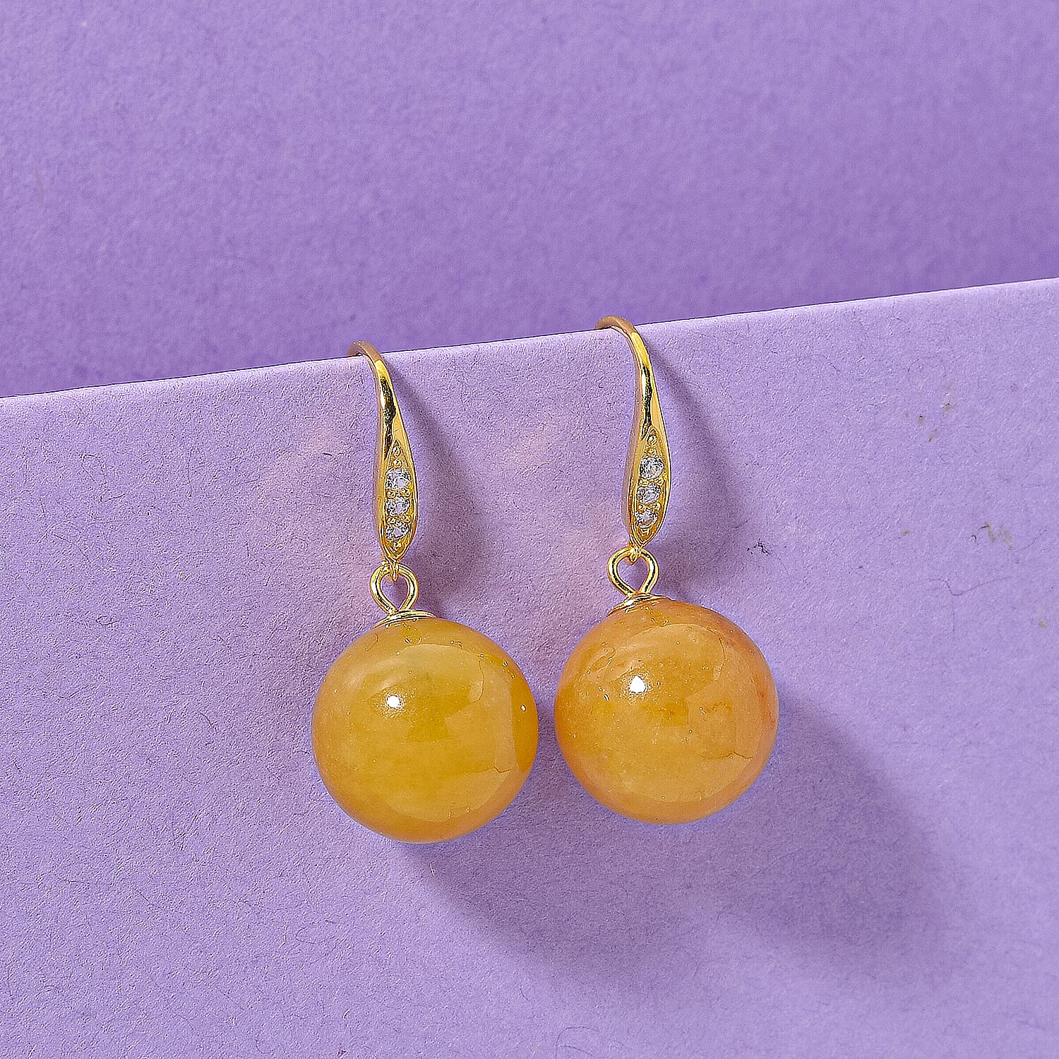 D'Joy Honey Jade & White Zircon Beads Earring with Hook in Yellow Gold Plated Sterling Silver 37.10 Ct.