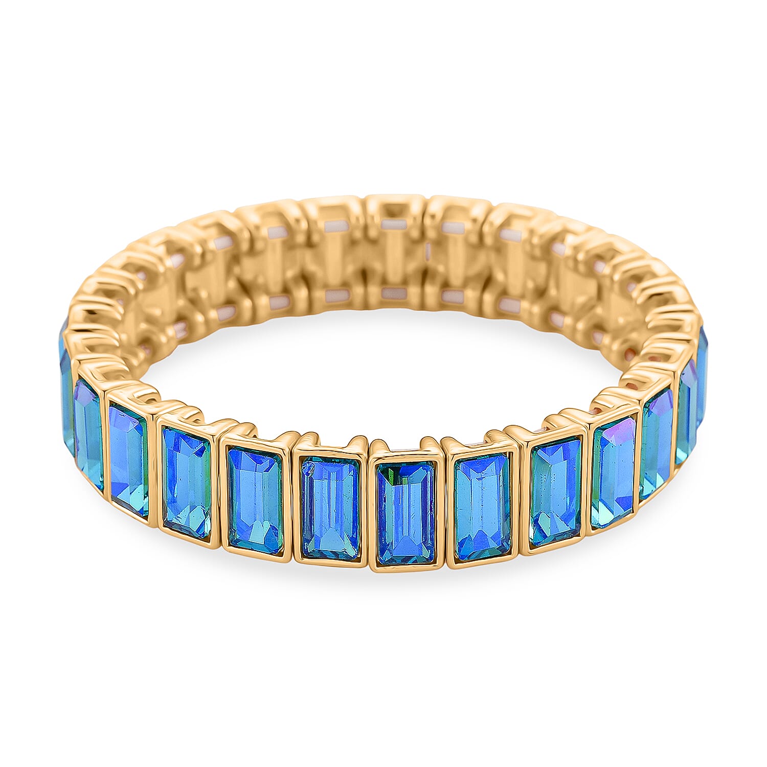 Sea Blue Glass Stretchable Bracelet (Size - 7) in Yellow Gold Tone