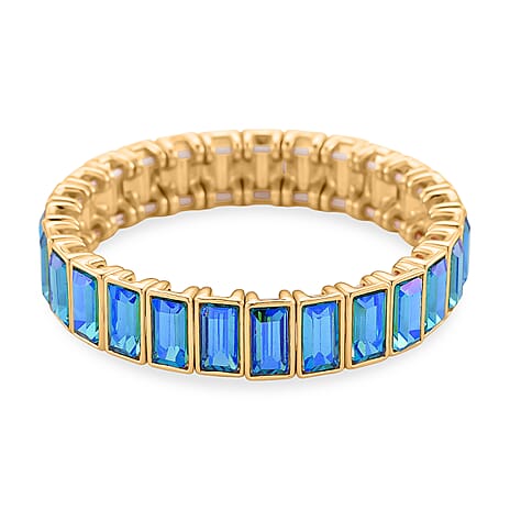 Sea Blue Glass Stretchable Bracelet (Size - 7) in Yellow Gold Tone