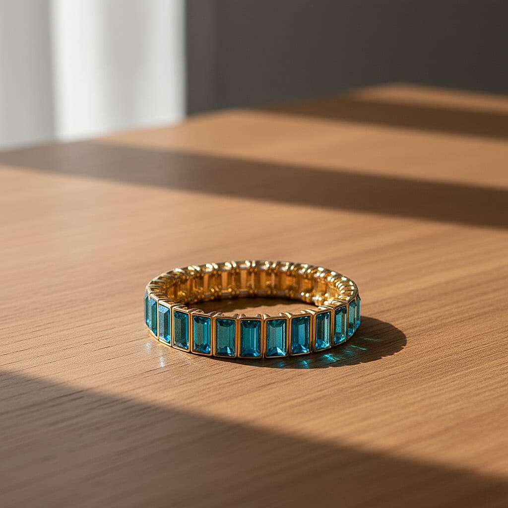Sea Blue Glass Stretchable Bracelet (Size - 7) in Yellow Gold Tone