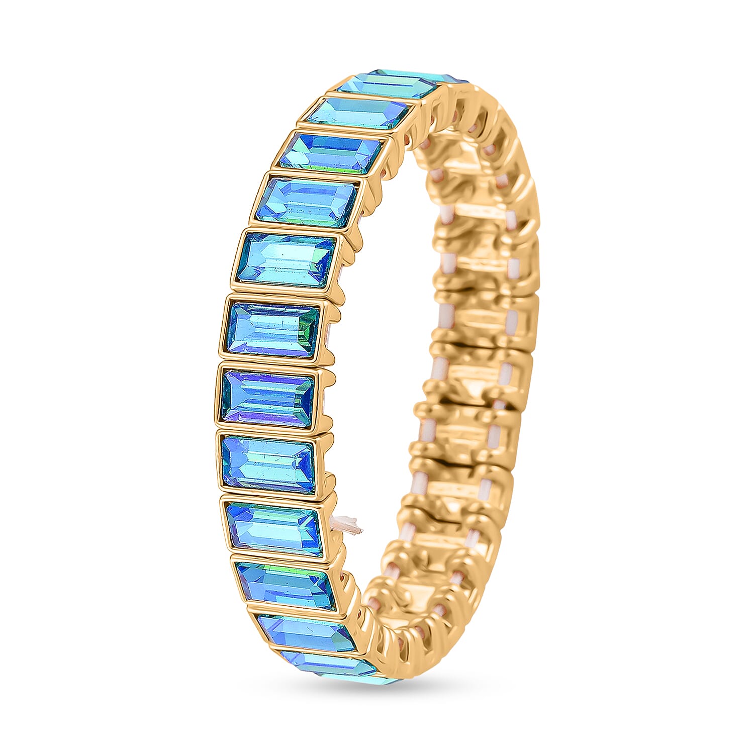 Sea Blue Glass Stretchable Bracelet (Size - 7) in Yellow Gold Tone