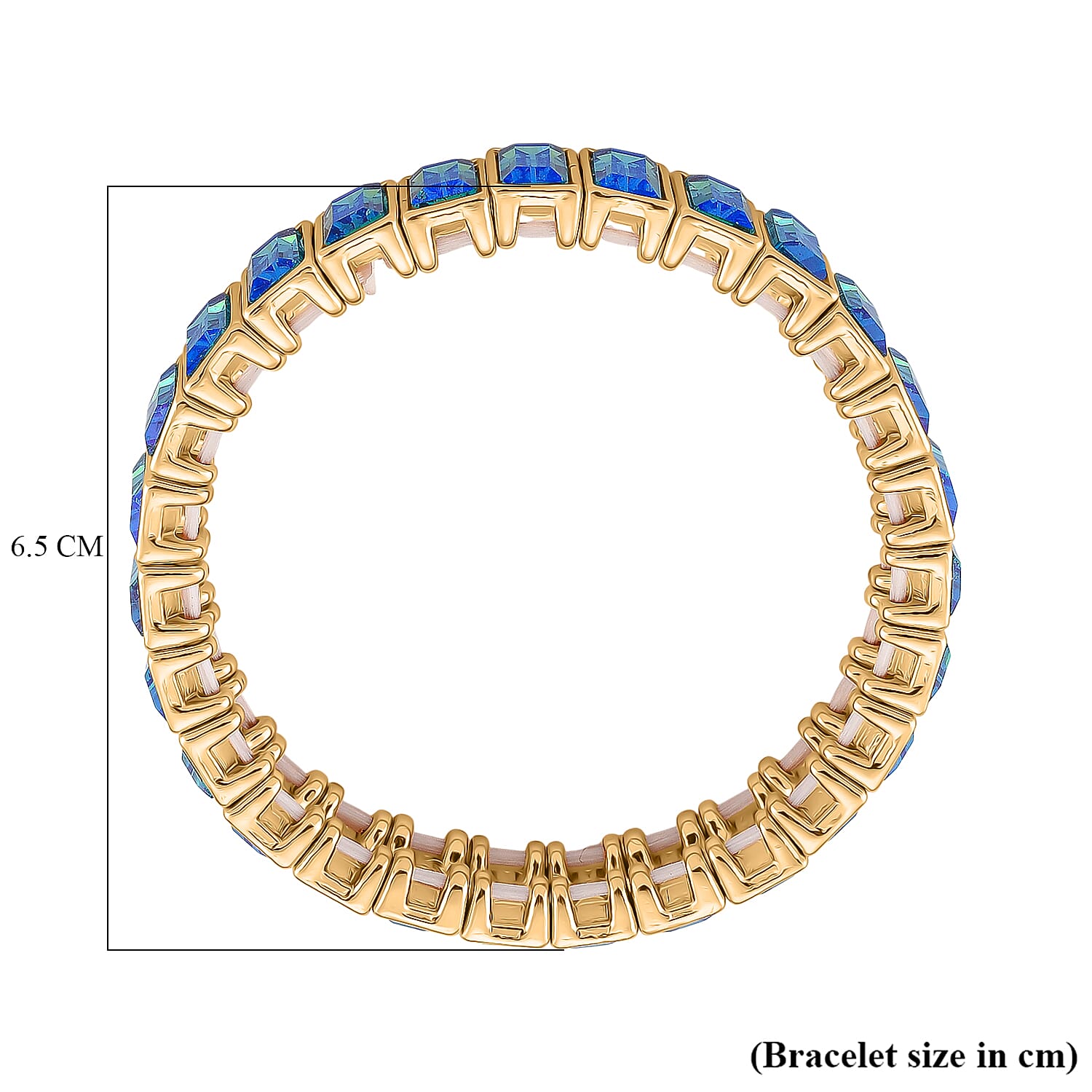 Sea Blue Glass Stretchable Bracelet (Size - 7) in Yellow Gold Tone