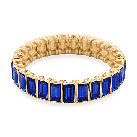 Blue Glass Stretchable Bracelet (Size - 7) in Yellow Gold Tone