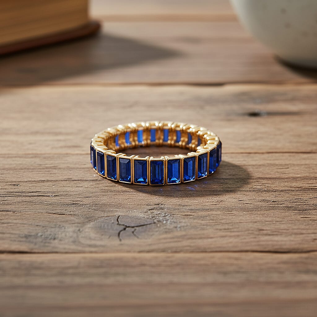 Blue Glass Stretchable Bracelet (Size - 7) in Yellow Gold Tone