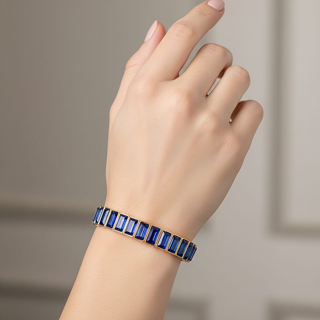 Blue Glass Stretchable Bracelet (Size - 7) in Yellow Gold Tone