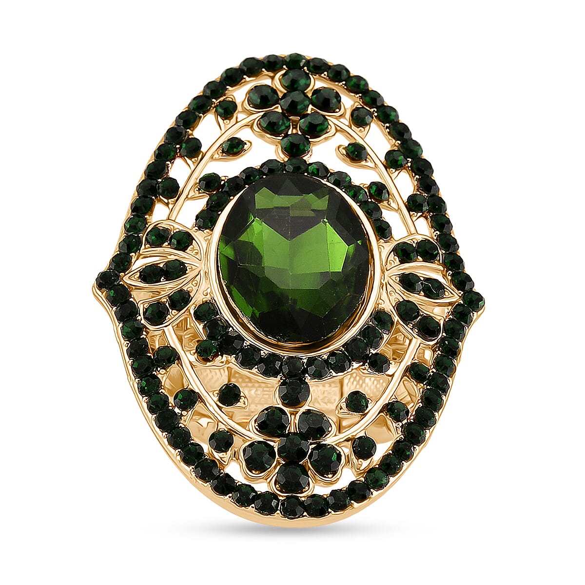 Green Glass & Austrian Green Crystal Vintage Cluster Adjustable Ring in Yellow Gold Tone