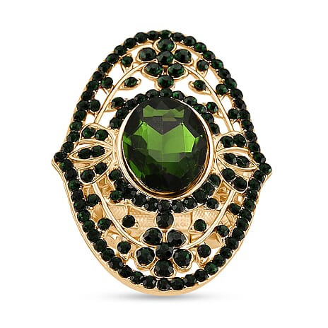 Green Glass & Austrian Green Crystal Vintage Cluster Adjustable Ring in Yellow Gold Tone