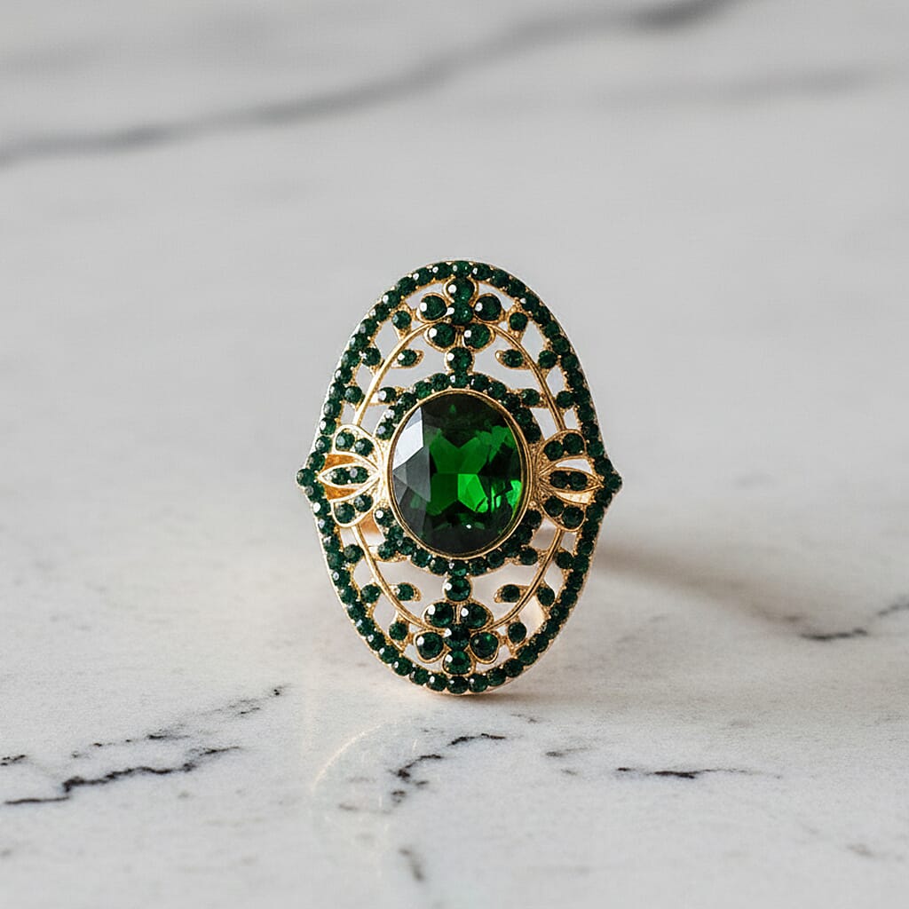 Green Glass & Austrian Green Crystal Vintage Cluster Adjustable Ring in Yellow Gold Tone