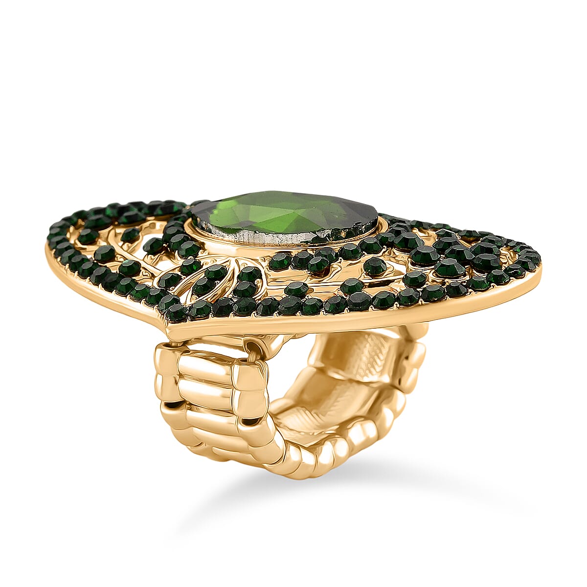 Green Glass & Austrian Green Crystal Vintage Cluster Adjustable Ring in Yellow Gold Tone