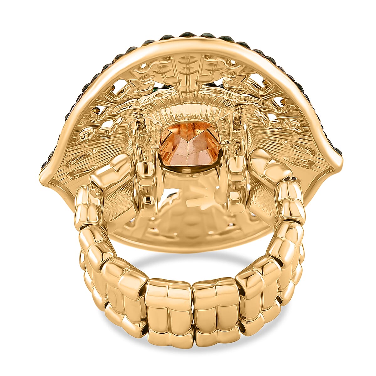 Green Glass & Austrian Green Crystal Vintage Cluster Adjustable Ring in Yellow Gold Tone