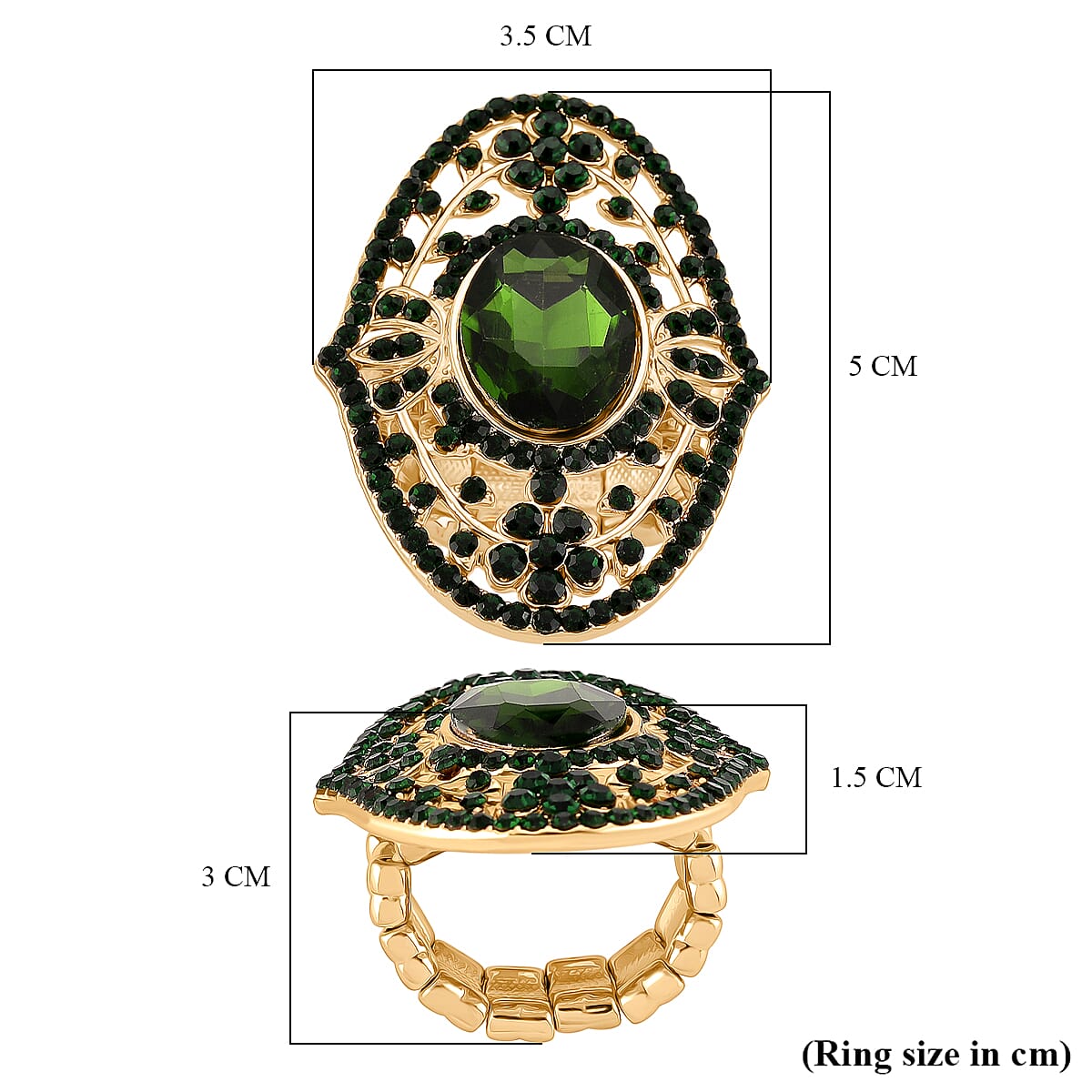 Green Glass & Austrian Green Crystal Vintage Cluster Adjustable Ring in Yellow Gold Tone