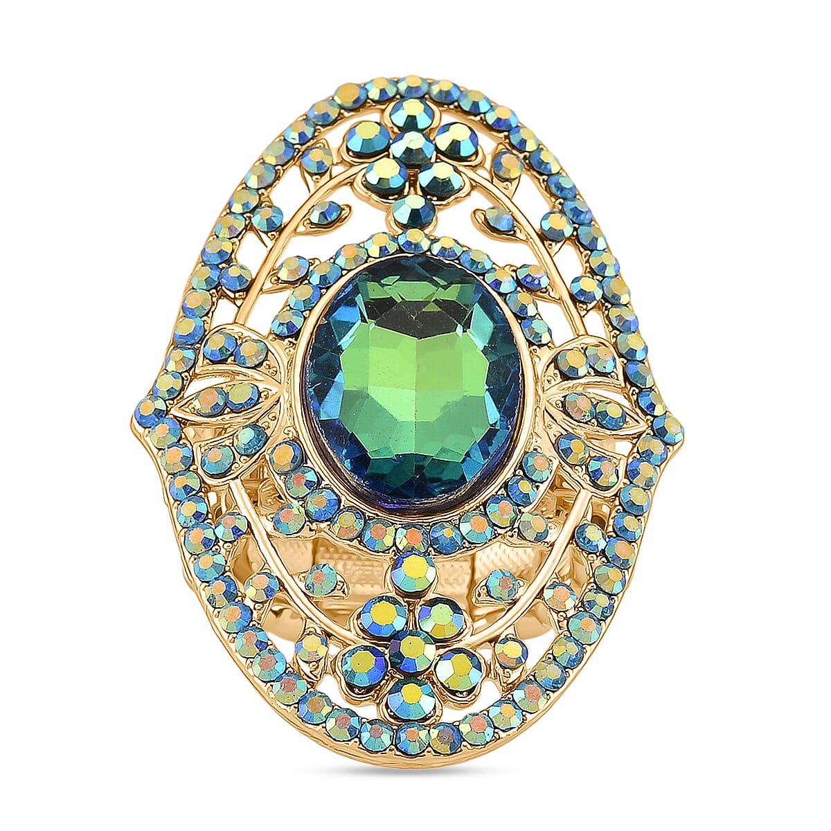 Blue Magic Color Glass & Blue Magic Color Crystal Vintage Cluster Adjustable Ring in Yellow Gold Tone